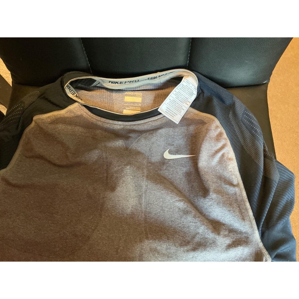 Nike Pro Tight Boys Grey Navy Blue MLB Baseball Long Sleeve Base Layer Shirt L